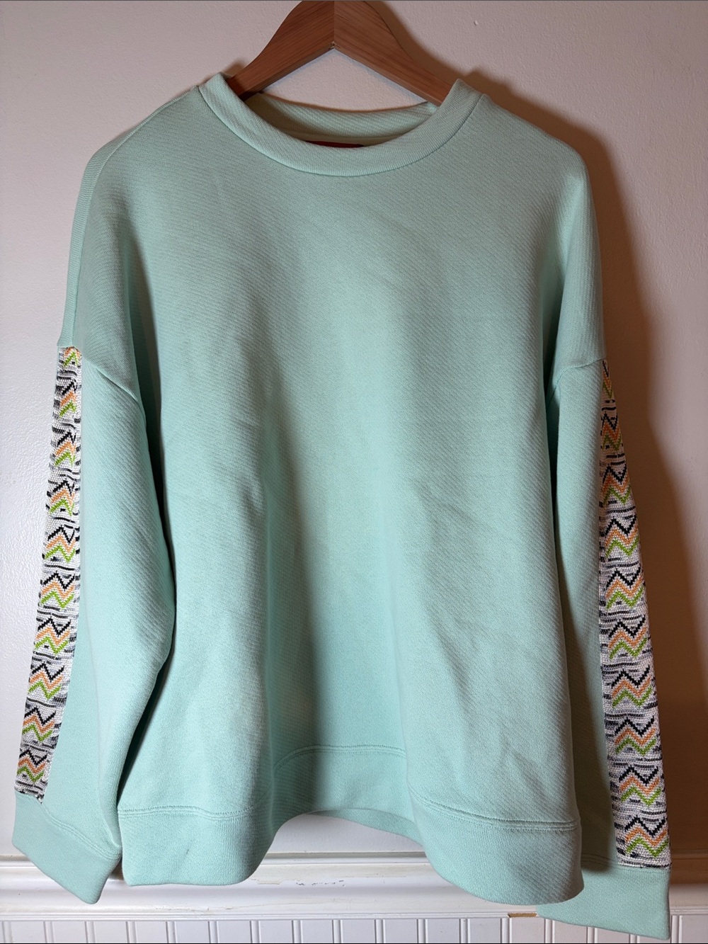 Missoni Mint Green Crewneck Sweatshirt with Zig Zag Patterned Sleeve Trim NWT